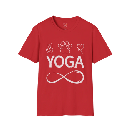 Paw print and heart icons above YOGA text with infinity symbol design — The Vault collection by Ramro Yoga Wear — Red