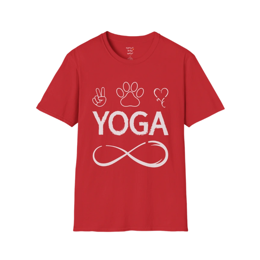 Infinite Yoga T-Shirt Red with bold distressed yoga typography and symbolic peace, paw, heart, and infinity graphics.