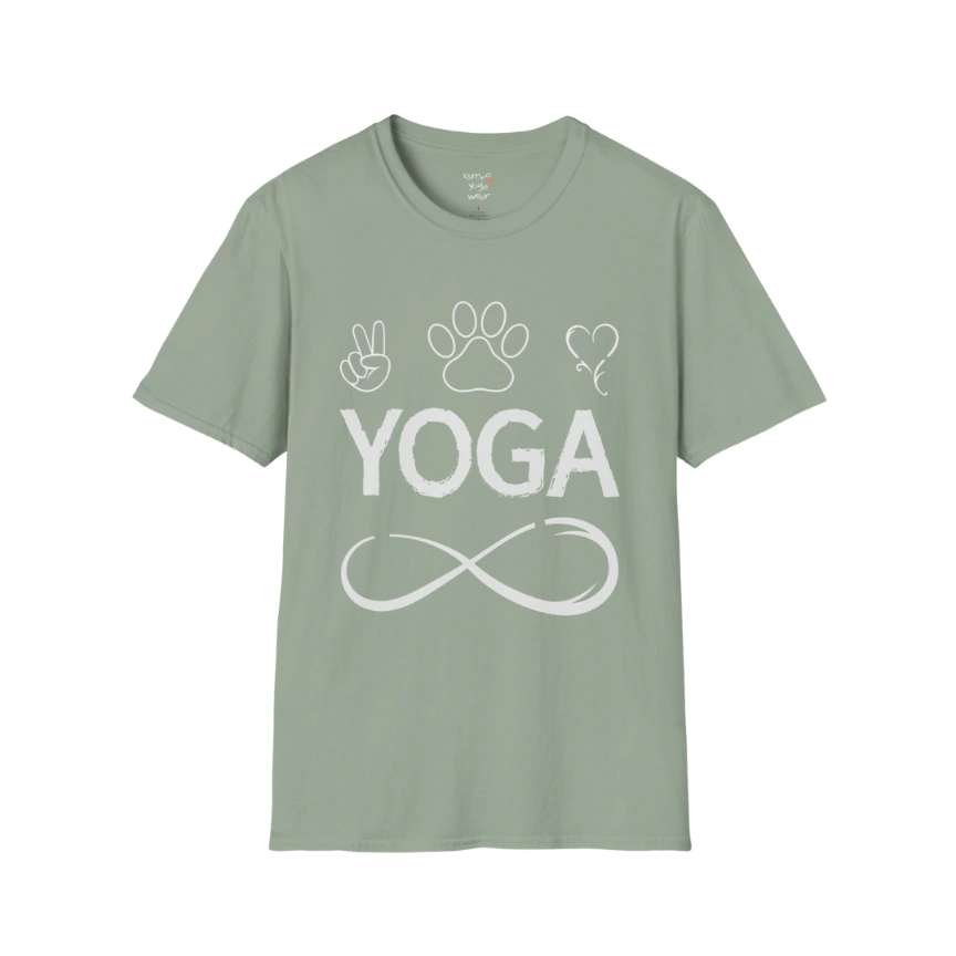Paw print and heart icons above YOGA text with infinity symbol design — The Vault collection by Ramro Yoga Wear — Sage