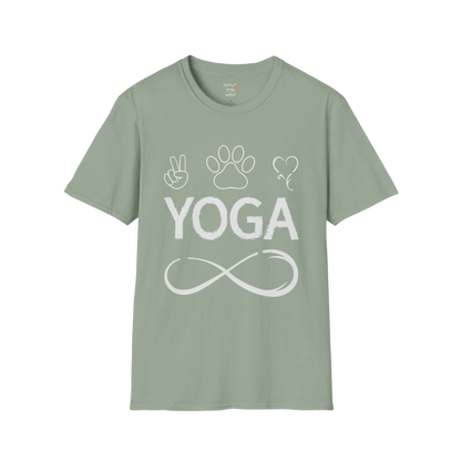Paw print and heart icons above YOGA text with infinity symbol design — The Vault collection by Ramro Yoga Wear — Sage