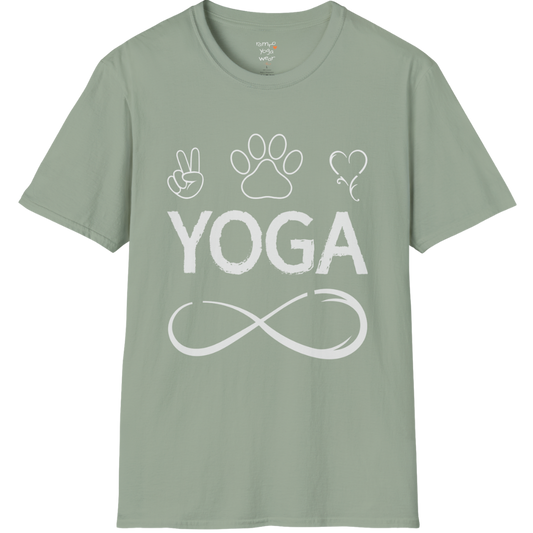 Paw print and heart icons above YOGA text with infinity symbol design — The Vault collection by Ramro Yoga Wear — Sage