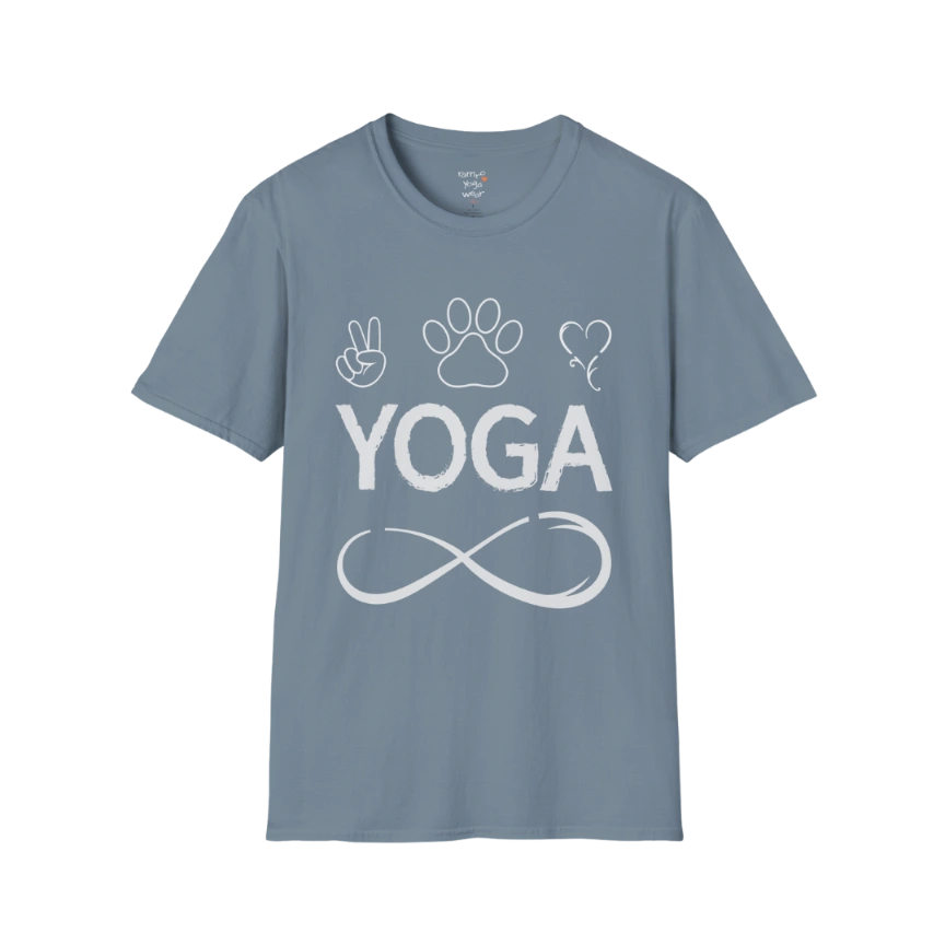 Paw print and heart icons above YOGA text with infinity symbol design — The Vault collection by Ramro Yoga Wear — Stone Blue