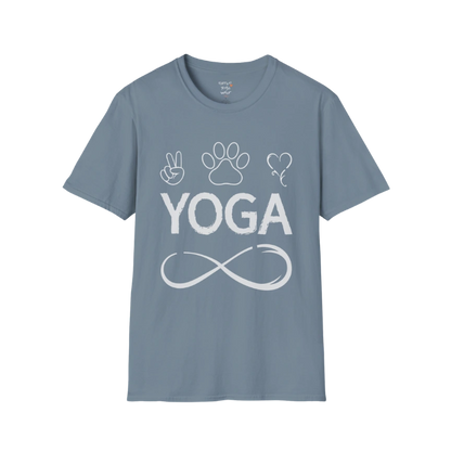 Paw print and heart icons above YOGA text with infinity symbol design — The Vault collection by Ramro Yoga Wear — Stone Blue