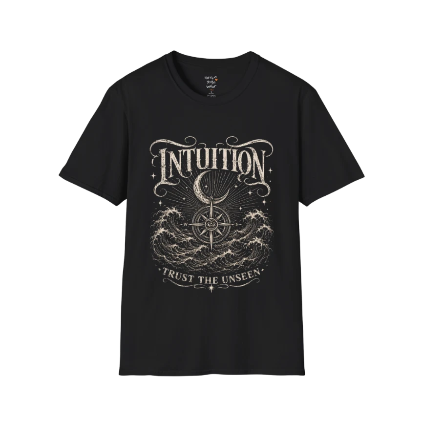 Black Intuition T-Shirt featuring engraved mystical artwork with third eye symbolism, celestial stars, open hands, and vintage botanical detailing.