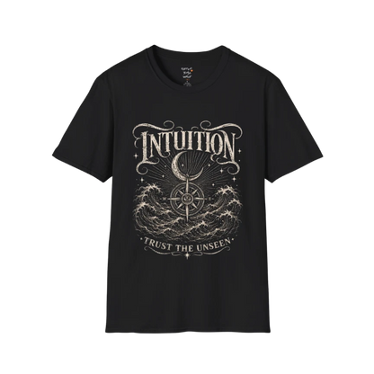 Black Intuition T-Shirt featuring engraved mystical artwork with third eye symbolism, celestial stars, open hands, and vintage botanical detailing.