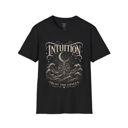 Black Intuition T-Shirt featuring engraved mystical artwork with third eye symbolism, celestial stars, open hands, and vintage botanical detailing.