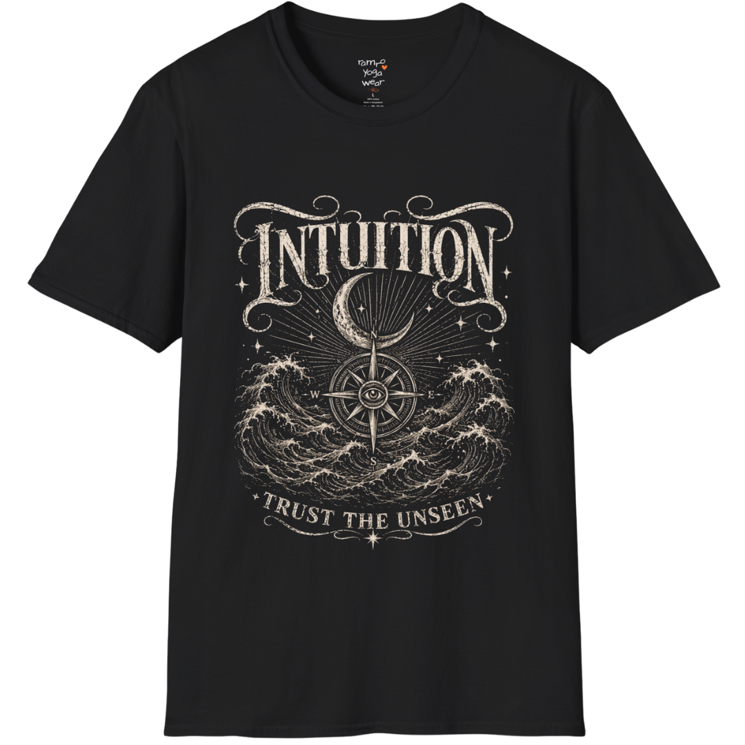 Black Intuition T-Shirt featuring engraved mystical artwork with third eye symbolism, celestial stars, open hands, and vintage botanical detailing.