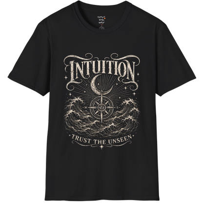 Black Intuition T-Shirt featuring engraved mystical artwork with third eye symbolism, celestial stars, open hands, and vintage botanical detailing.