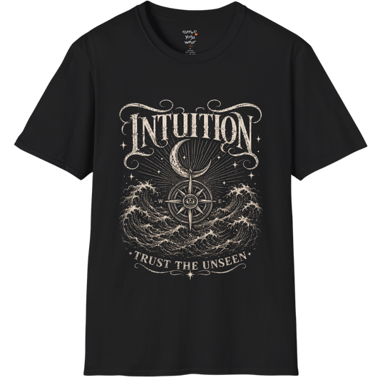 Black Intuition T-Shirt featuring engraved mystical artwork with third eye symbolism, celestial stars, open hands, and vintage botanical detailing.