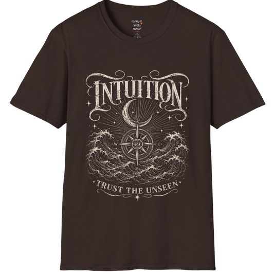 Dark Chocolate Intuition T-Shirt with spiritual engraved illustration inspired by intuition, inner wisdom, cosmic energy, and mindful living.