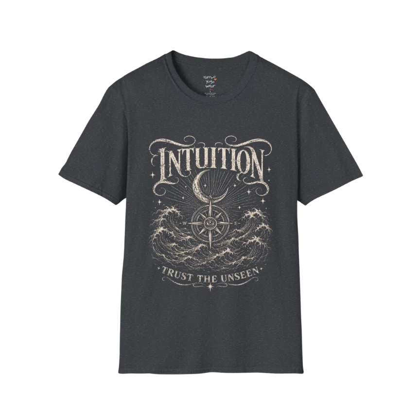 Dark Heather Grey Intuition T-Shirt featuring vintage etched line artwork with third eye design, stars, hands, and grounded botanical elements.
