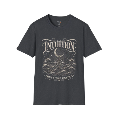 Dark Heather Grey Intuition T-Shirt featuring vintage etched line artwork with third eye design, stars, hands, and grounded botanical elements.