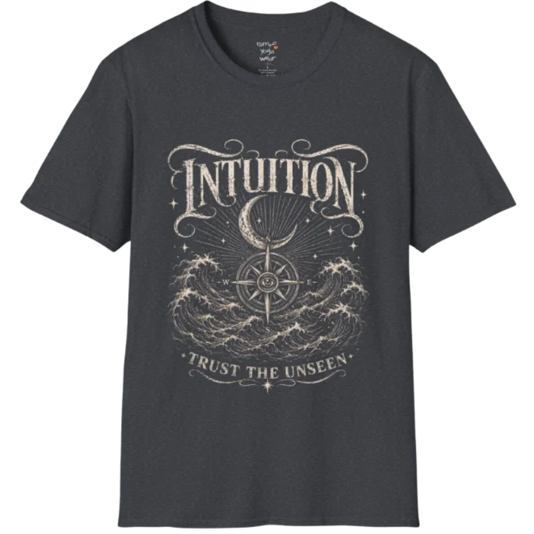 Dark Heather Grey Intuition T-Shirt featuring vintage etched line artwork with third eye design, stars, hands, and grounded botanical elements.