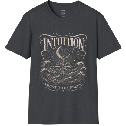 Dark Heather Grey Intuition T-Shirt featuring vintage etched line artwork with third eye design, stars, hands, and grounded botanical elements.