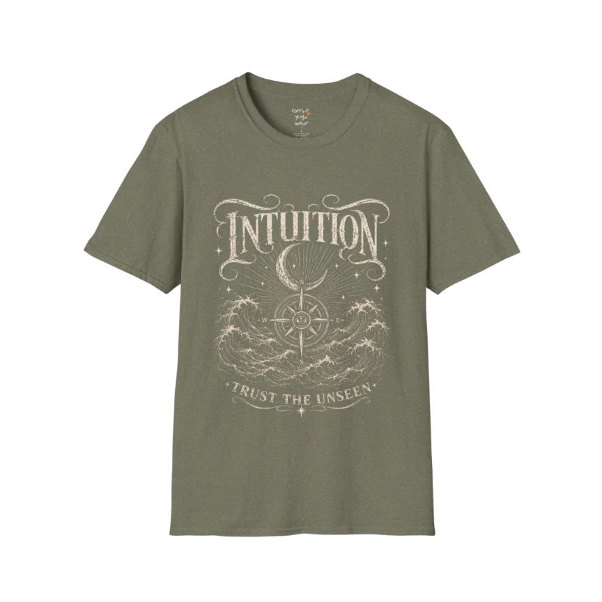 Heather Military Green Intuition T-Shirt with celestial spiritual artwork inspired by intuition, awareness, nature, and inner calm.