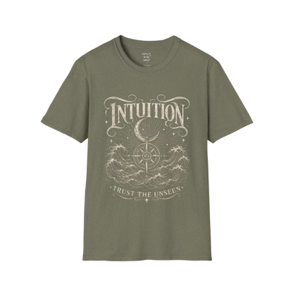 Heather Military Green Intuition T-Shirt with celestial spiritual artwork inspired by intuition, awareness, nature, and inner calm.
