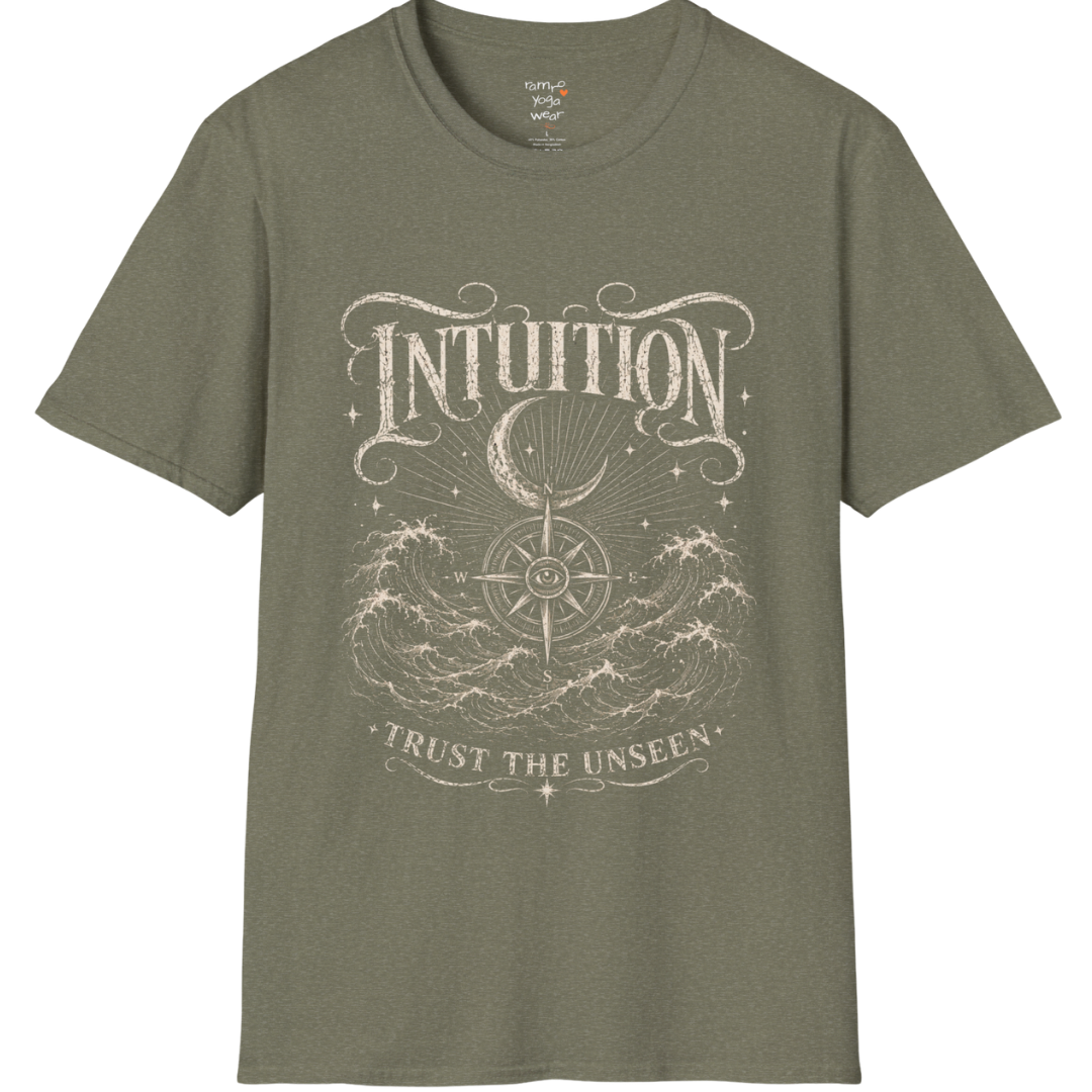 Heather Military Green Intuition T-Shirt with celestial spiritual artwork inspired by intuition, awareness, nature, and inner calm.