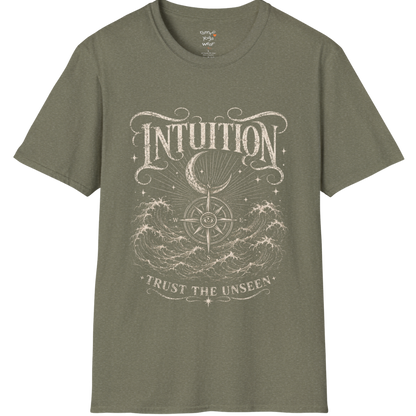 Heather Military Green Intuition T-Shirt with celestial spiritual artwork inspired by intuition, awareness, nature, and inner calm.