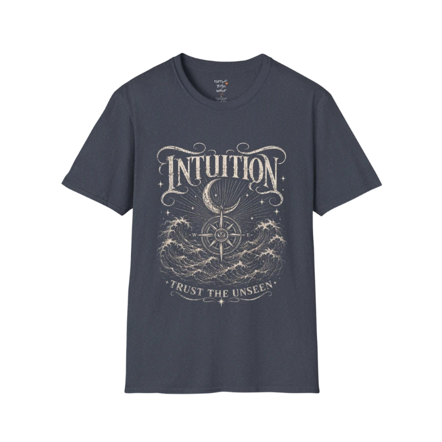 Heather Navy Intuition T-Shirt featuring mystical engraved-style artwork with third eye symbolism and celestial vintage detailing.