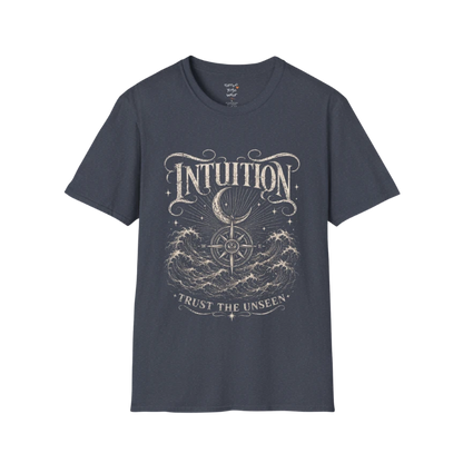 Heather Navy Intuition T-Shirt featuring mystical engraved-style artwork with third eye symbolism and celestial vintage detailing.