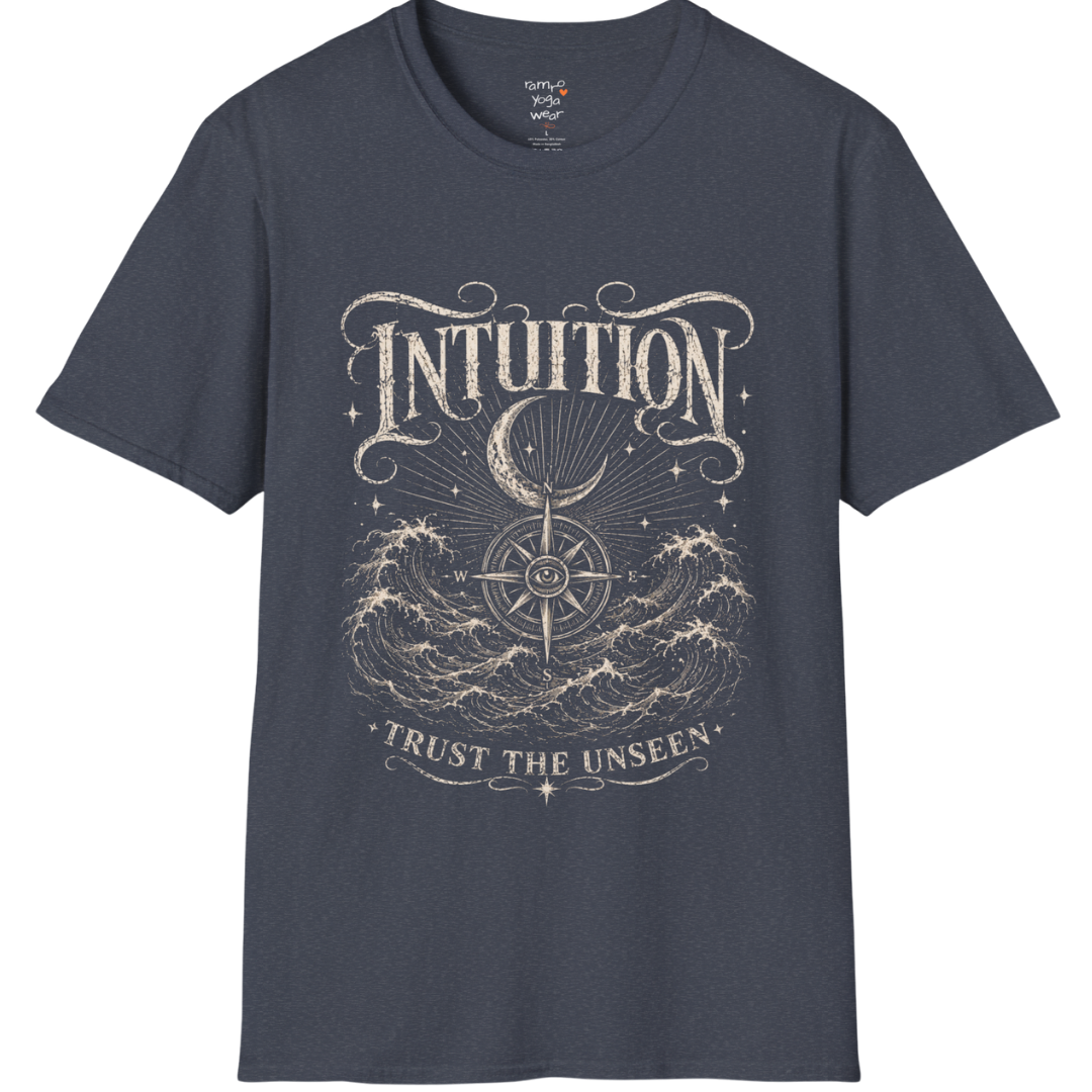 Heather Navy Intuition T-Shirt featuring mystical engraved-style artwork with third eye symbolism and celestial vintage detailing.