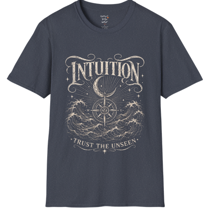 Heather Navy Intuition T-Shirt featuring mystical engraved-style artwork with third eye symbolism and celestial vintage detailing.