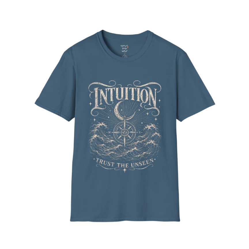 Indigo Blue Intuition T-Shirt featuring mystical engraved line art with hands, stars, third eye symbolism, and botanical accents.