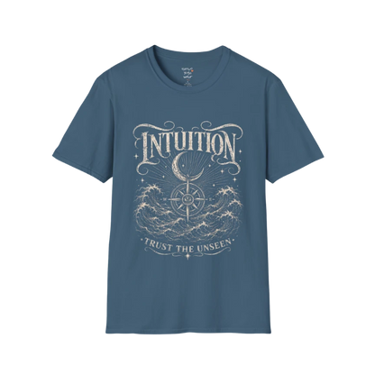 Indigo Blue Intuition T-Shirt featuring mystical engraved line art with hands, stars, third eye symbolism, and botanical accents.