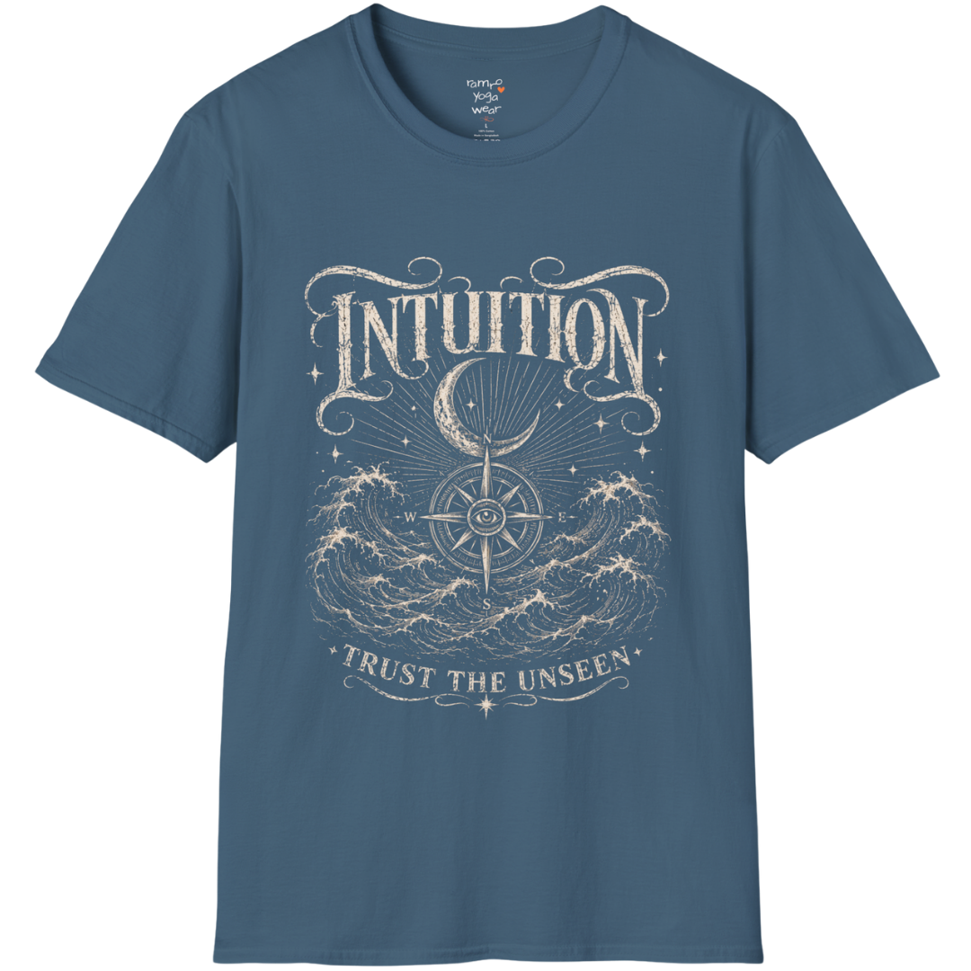 Indigo Blue Intuition T-Shirt featuring mystical engraved line art with hands, stars, third eye symbolism, and botanical accents.