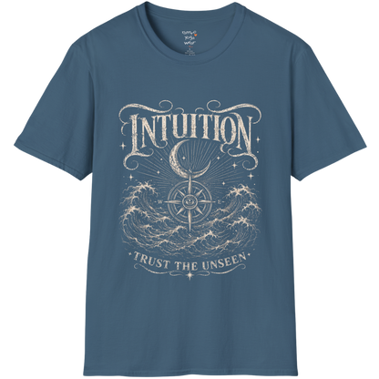Indigo Blue Intuition T-Shirt featuring mystical engraved line art with hands, stars, third eye symbolism, and botanical accents.