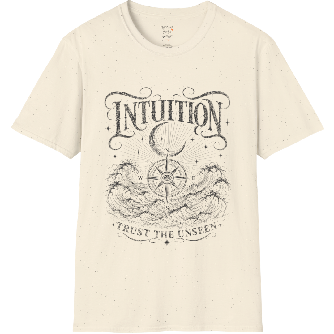 Natural color Intuition T-Shirt featuring mystical engraved line art with hands, stars, third eye symbolism, and botanical accents.