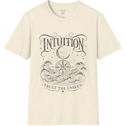 Natural color Intuition T-Shirt featuring mystical engraved line art with hands, stars, third eye symbolism, and botanical accents.