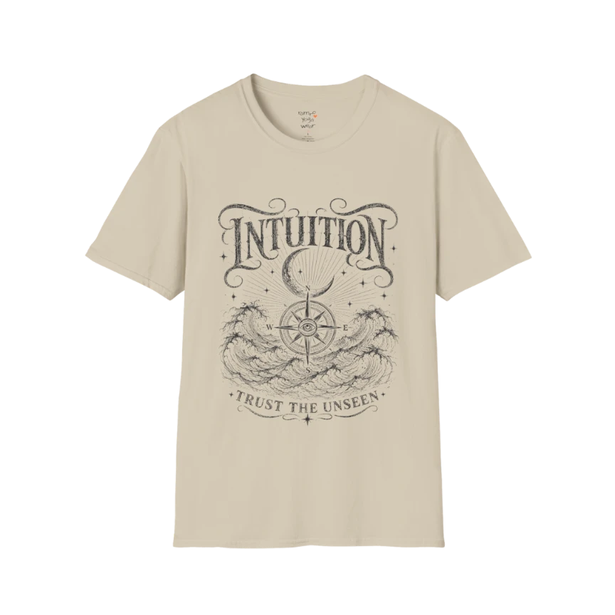 Sand Intuition T-Shirt featuring vintage etched spiritual illustration with celestial stars, open hands, and third eye symbolism.