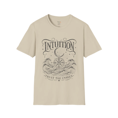 Sand Intuition T-Shirt featuring vintage etched spiritual illustration with celestial stars, open hands, and third eye symbolism.