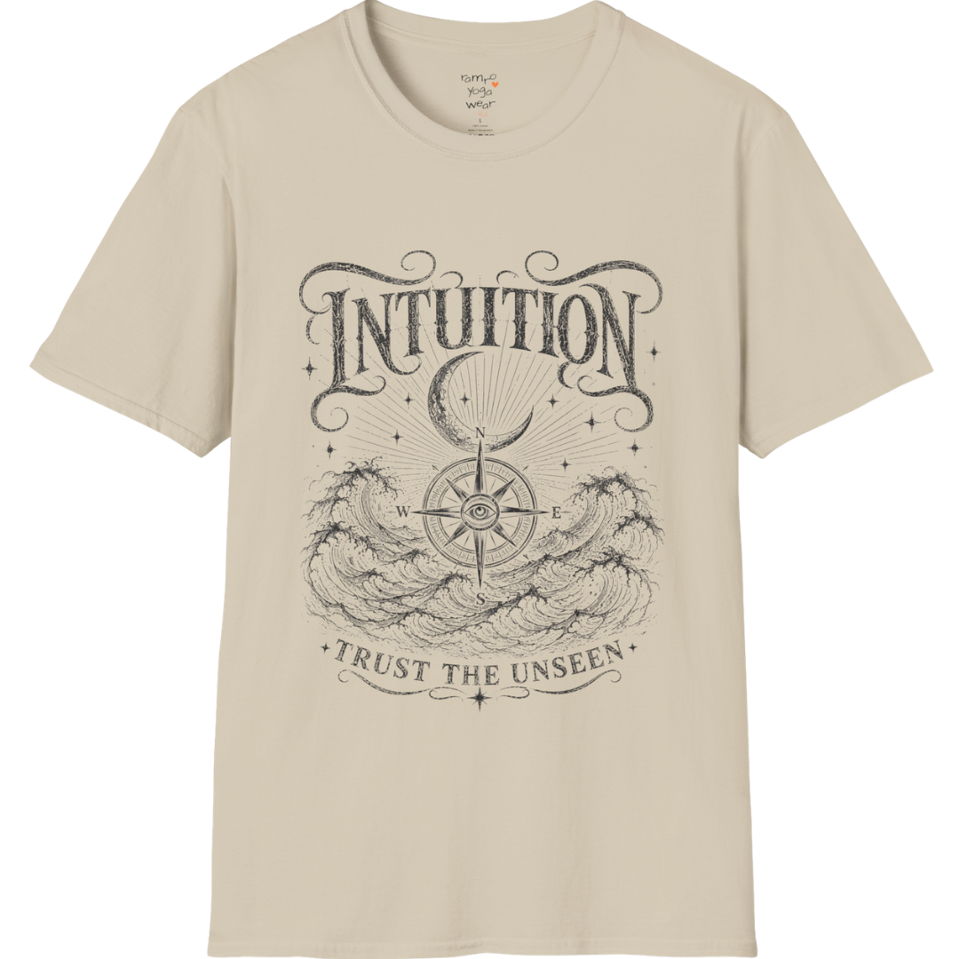 Sand Intuition T-Shirt featuring vintage etched spiritual illustration with celestial stars, open hands, and third eye symbolism.