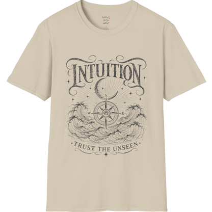 Sand Intuition T-Shirt featuring vintage etched spiritual illustration with celestial stars, open hands, and third eye symbolism.