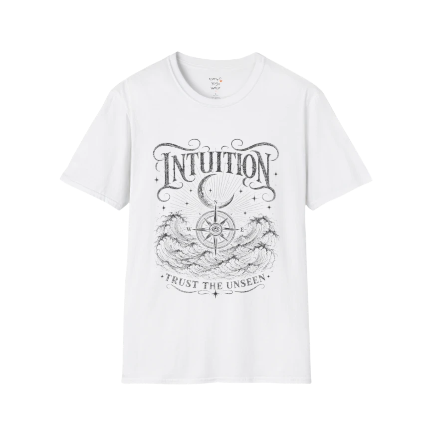 White Intuition T-Shirt with clean black engraved mystical artwork representing intuition, inner wisdom, and soulful living.