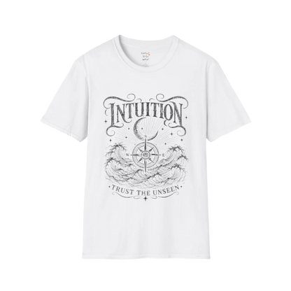White Intuition T-Shirt with clean black engraved mystical artwork representing intuition, inner wisdom, and soulful living.