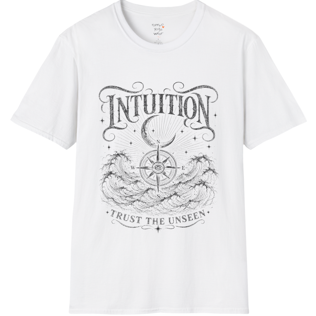 White Intuition T-Shirt with clean black engraved mystical artwork representing intuition, inner wisdom, and soulful living.