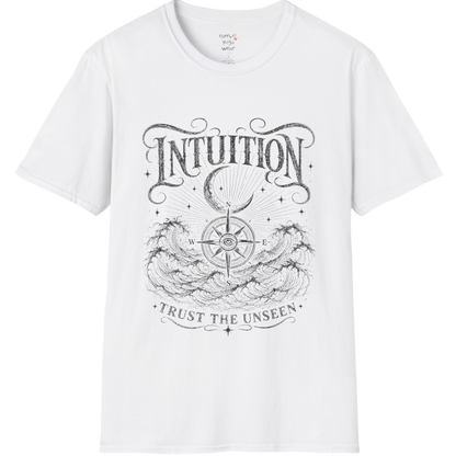 White Intuition T-Shirt with clean black engraved mystical artwork representing intuition, inner wisdom, and soulful living.