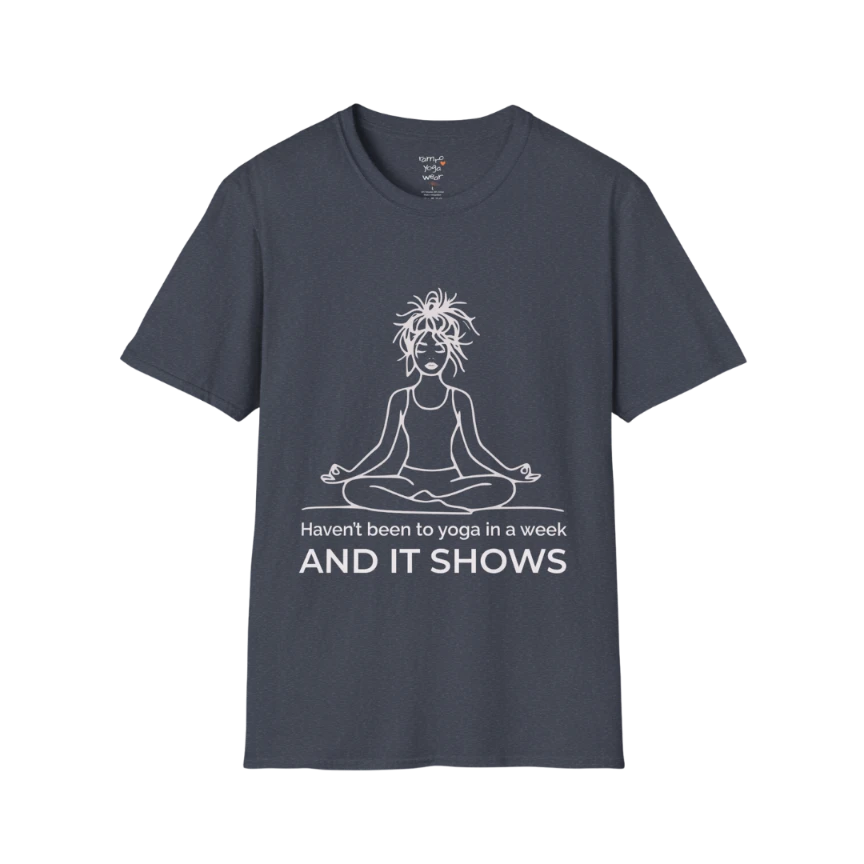 It Shows T-Shirt in heather navy featuring minimalist yoga message, clean and confident mindful design.