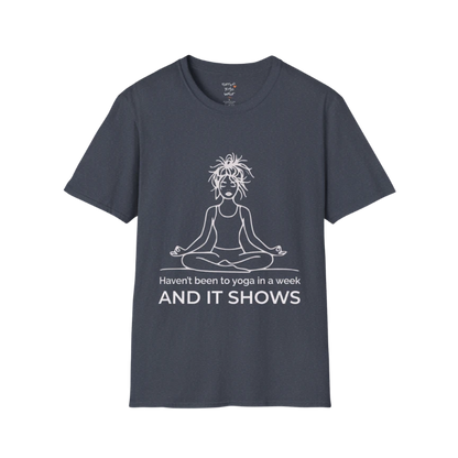 It Shows T-Shirt in heather navy featuring minimalist yoga message, clean and confident mindful design.