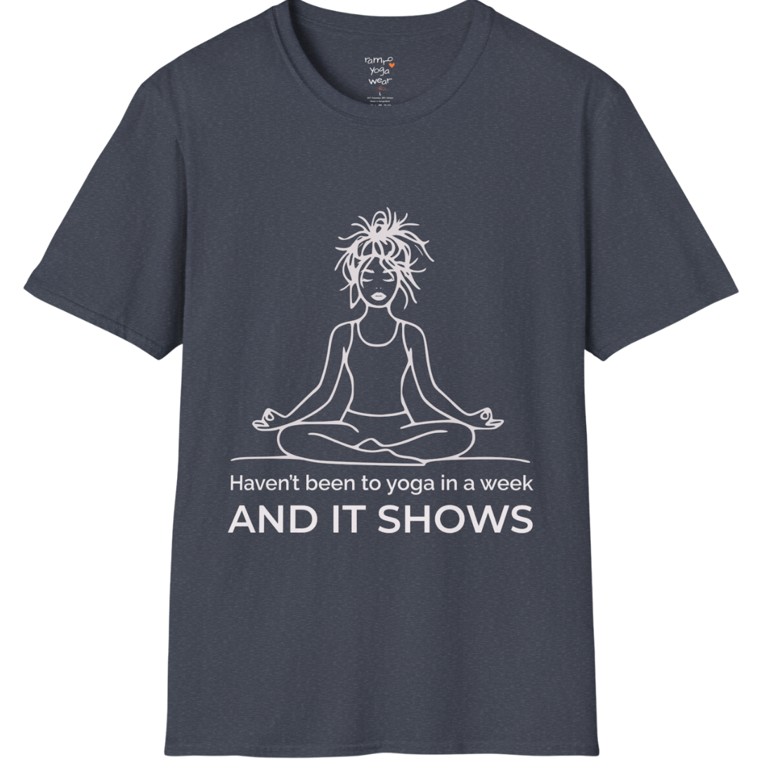 Illustrated meditating figure with “haven’t been to yoga in a week, and it shows” design — The Vault collection by Ramro Yoga Wear — Heather Navy