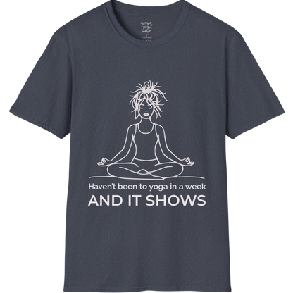 Illustrated meditating figure with “haven’t been to yoga in a week, and it shows” design — The Vault collection by Ramro Yoga Wear — Heather Navy