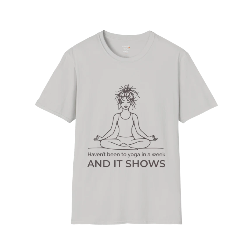 It Shows T-Shirt in ice grey with simple text design, soft and understated yoga-inspired tee.