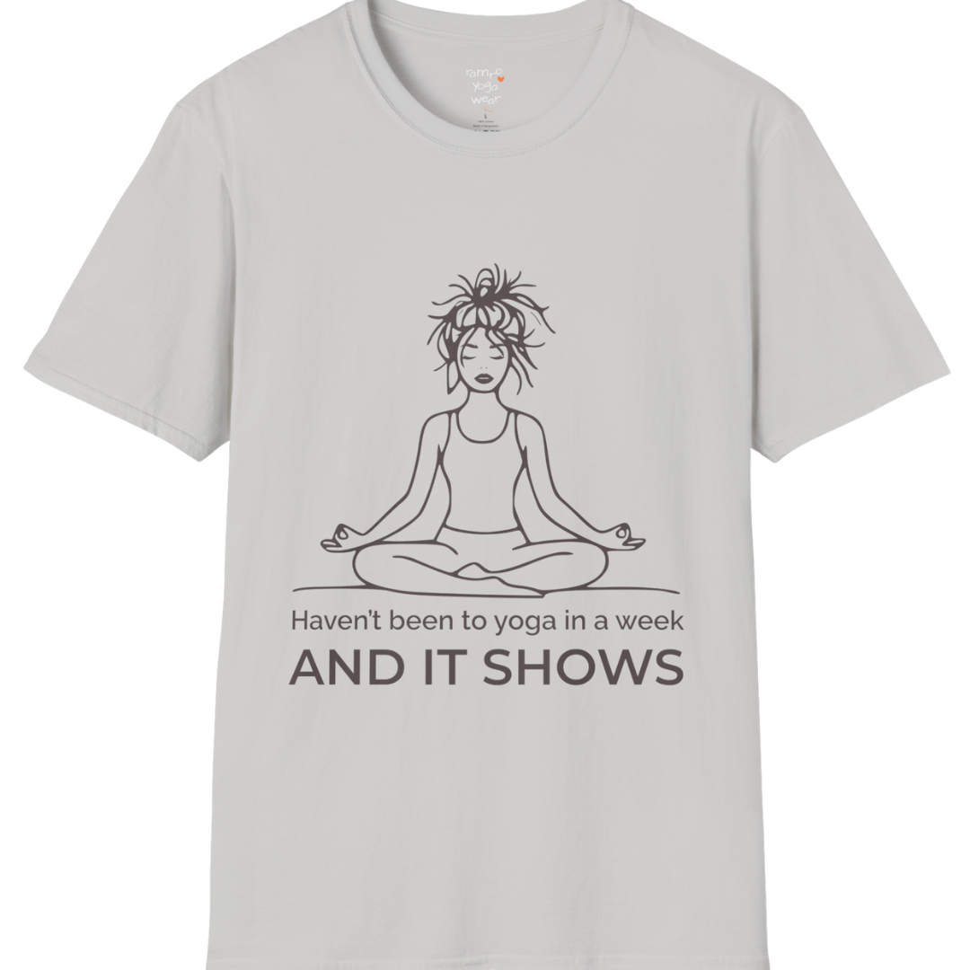 Illustrated meditating figure with “haven’t been to yoga in a week, and it shows” design — The Vault collection by Ramro Yoga Wear — Ice Grey