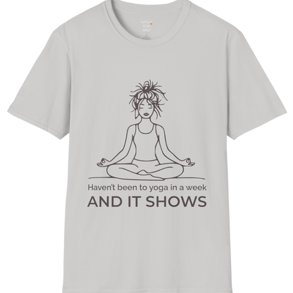 Illustrated meditating figure with “haven’t been to yoga in a week, and it shows” design — The Vault collection by Ramro Yoga Wear — Ice Grey