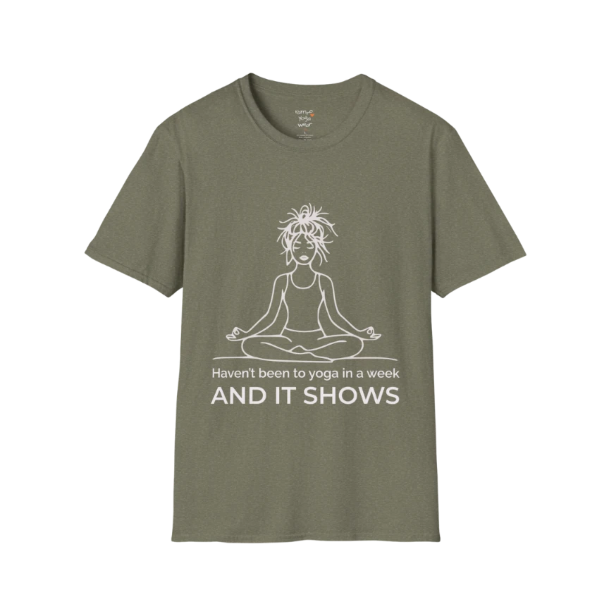 It Shows T-Shirt in military green featuring minimalist text design, grounded and calm yoga-inspired style.