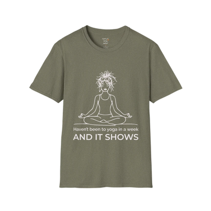 It Shows T-Shirt in military green featuring minimalist text design, grounded and calm yoga-inspired style.