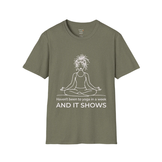 It Shows T-Shirt in military green featuring minimalist text design, grounded and calm yoga-inspired style.